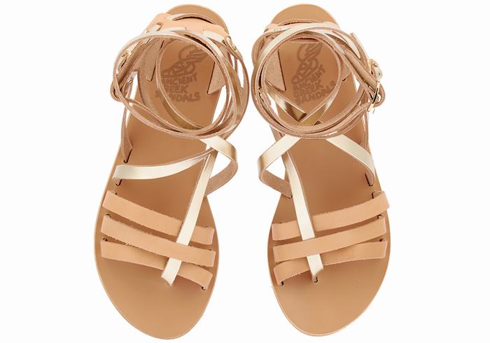 Beige Gold White Women Ancient Greek Sandals Satira Leather Gladiator Sandals | QRC1071QA