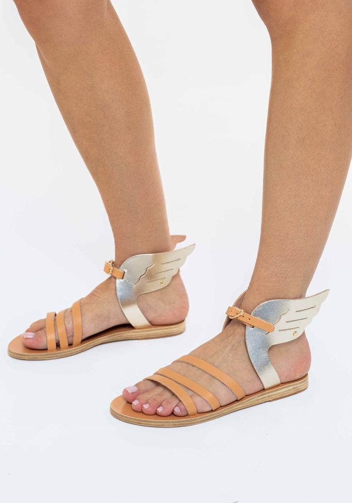 Beige Gold White Women Ancient Greek Sandals Ikaria Leather Ankle Strap Sandals | TMD7029LR