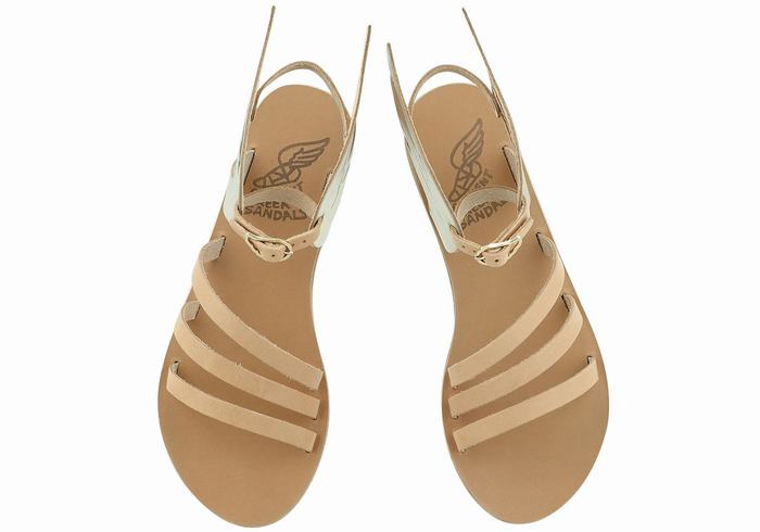 Beige Gold White Women Ancient Greek Sandals Ikaria Leather Ankle Strap Sandals | TMD7029LR