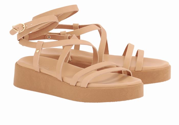 Beige Women Ancient Greek Sandals Aristea Leather Platform Sandals | OXR9798PL