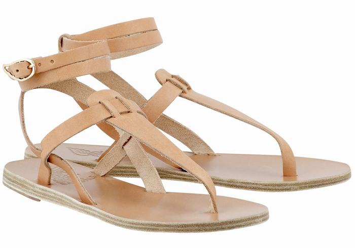 Beige Women Ancient Greek Sandals Estia Leather Ankle Strap Sandals | KUE6975VE