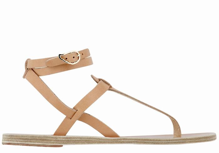 Beige Women Ancient Greek Sandals Estia Leather Ankle Strap Sandals | KUE6975VE