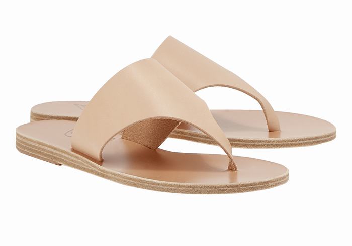 Beige Women Ancient Greek Sandals Mera Leather Flip Flops | CYE7145DL