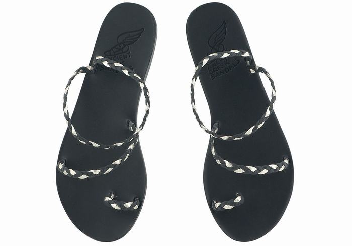 Black Gold White Women Ancient Greek Sandals Eleftheria Leather Braided Sandals | FAW9748PK