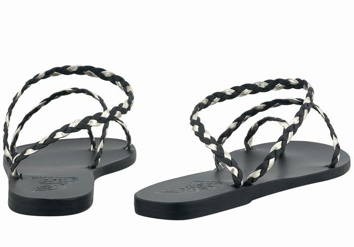 Black Gold White Women Ancient Greek Sandals Eleftheria Leather Braided Sandals | FAW9748PK