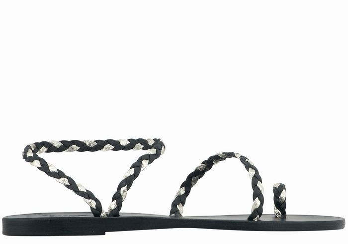 Black Gold White Women Ancient Greek Sandals Eleftheria Leather Braided Sandals | FAW9748PK