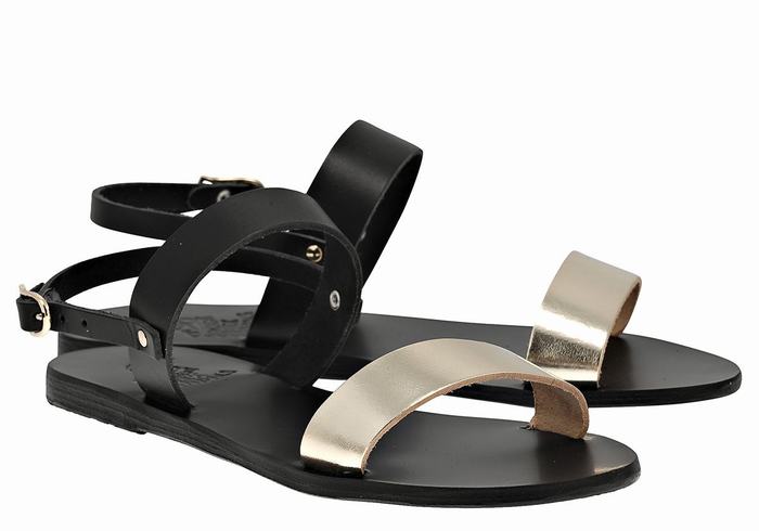 Black Gold White Women Ancient Greek Sandals Clio Back-Strap Sandals | MVN2078ZY