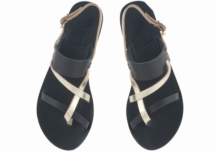 Black Gold White Women Ancient Greek Sandals Alethea Leather Back-Strap Sandals | SJL9336QL