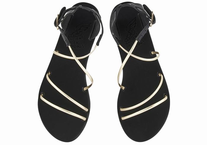 Black Gold White Women Ancient Greek Sandals Meloivia Ankle Strap Sandals | UPI9664JP