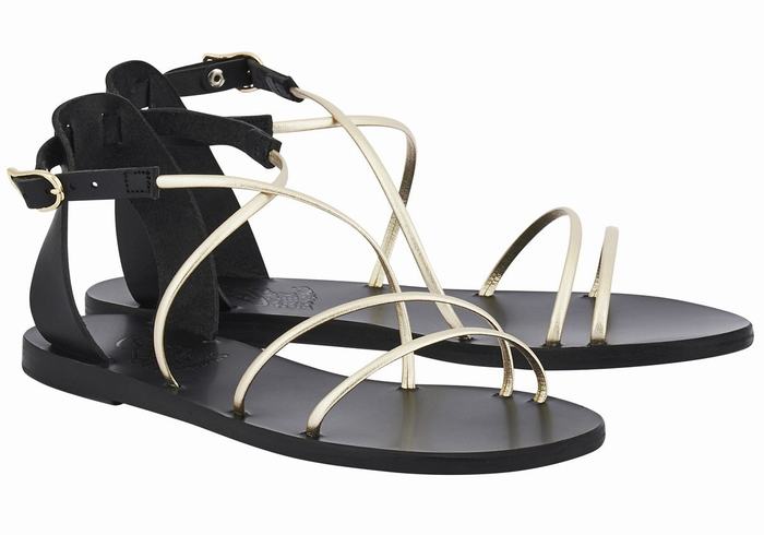 Black Gold White Women Ancient Greek Sandals Meloivia Ankle Strap Sandals | UPI9664JP