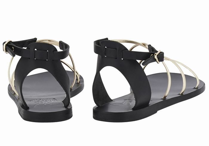 Black Gold White Women Ancient Greek Sandals Meloivia Ankle Strap Sandals | UPI9664JP