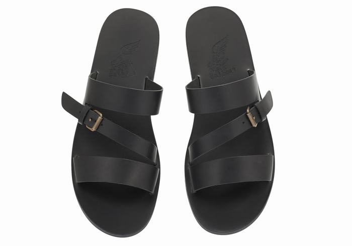 Black Men Ancient Greek Sandals Ifiklis Leather Slide Sandals | HWC2578EK