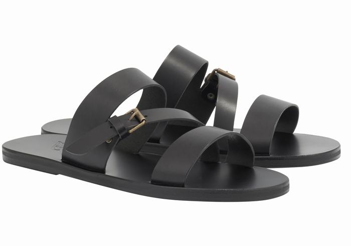 Black Men Ancient Greek Sandals Ifiklis Leather Slide Sandals | HWC2578EK