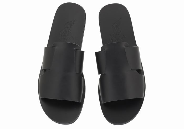 Black Men Ancient Greek Sandals Miltiadis Leather Slide Sandals | YVQ8480EZ