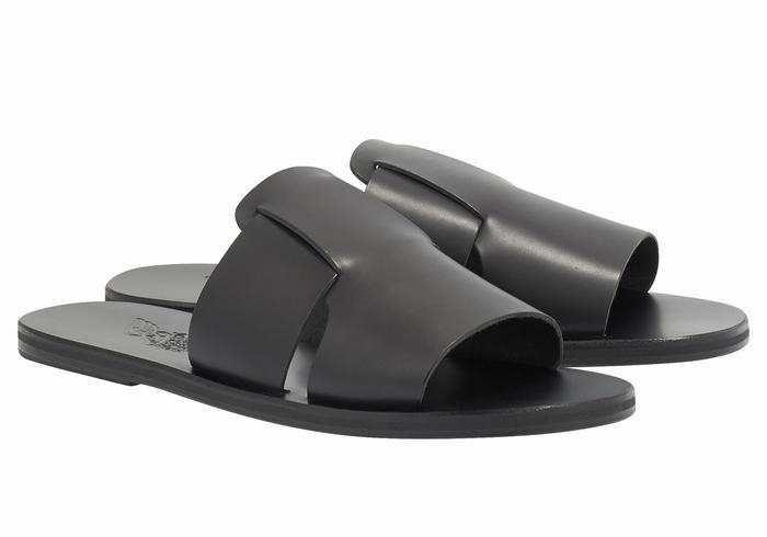 Black Men Ancient Greek Sandals Miltiadis Leather Slide Sandals | YVQ8480EZ