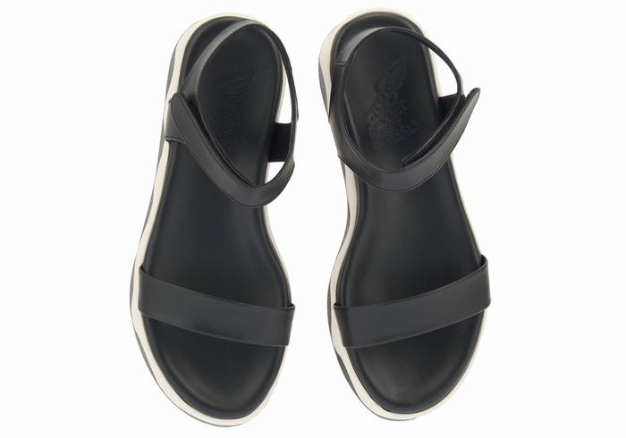 Black White Women Ancient Greek Sandals Salamina Leather Platform Sandals | MMX3381ZO