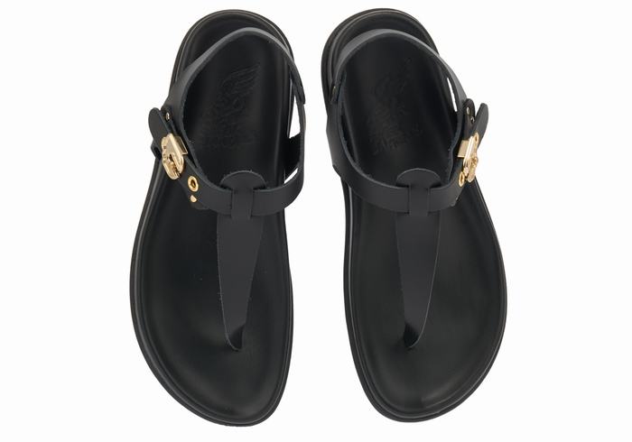 Black Women Ancient Greek Sandals Alki Flip Flop Back-Strap Sandals | KBH3477BW