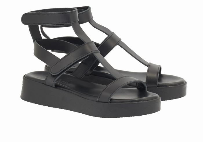 Black Women Ancient Greek Sandals Efrosini Leather Platform Sandals | PLW9154OI