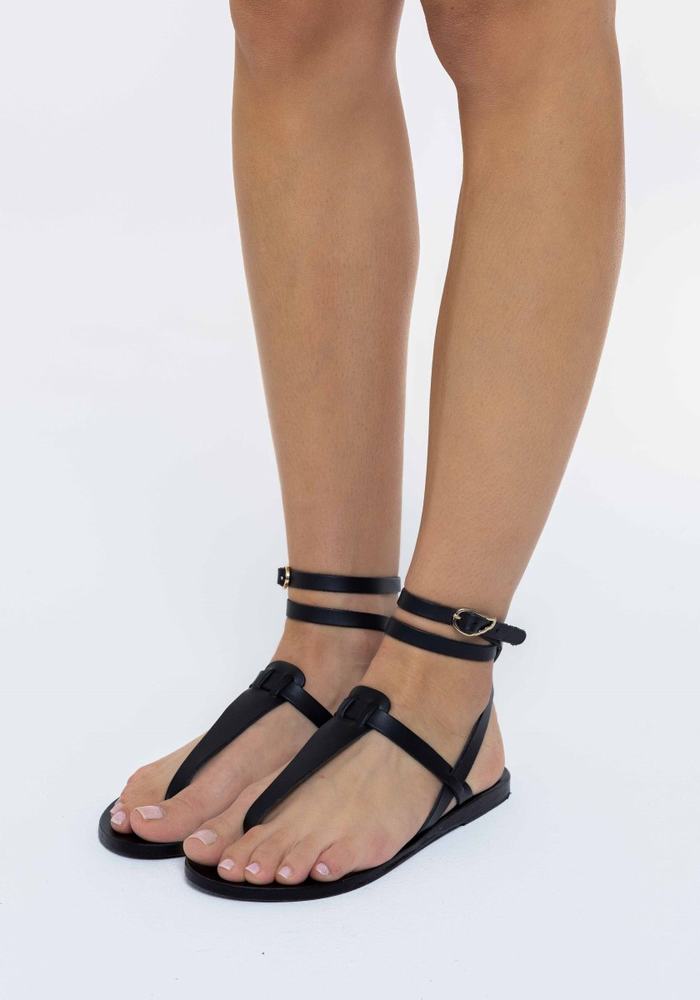 Black Women Ancient Greek Sandals Estia Leather Ankle Strap Sandals | MRF196KB