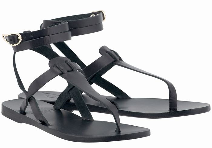 Black Women Ancient Greek Sandals Estia Leather Ankle Strap Sandals | MRF196KB