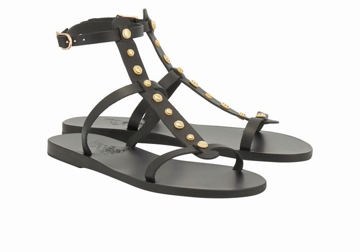 Black Women Ancient Greek Sandals Meliti Bee Ankle Strap Sandals | VXZ3444SG