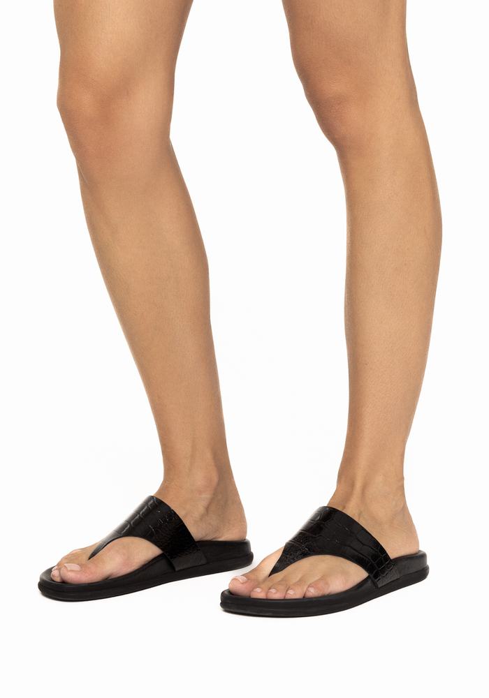 Black Women Ancient Greek Sandals Mera Footbed Flip Flops | DCZ4247ZH