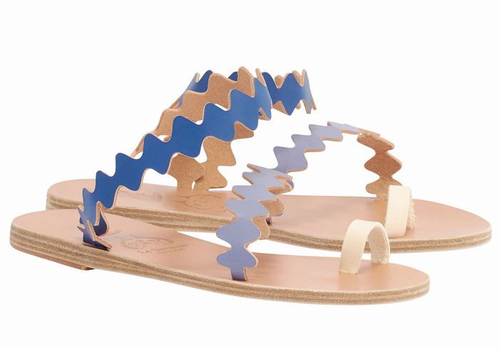 Blue White Women Ancient Greek Sandals Eleftheria Onda Leather Toe-Post Sandals | IJM877GF