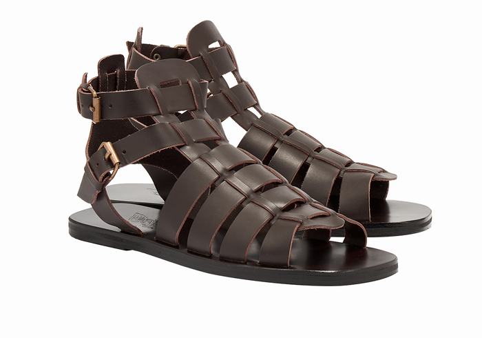 Chocolate Men Ancient Greek Sandals Alexandros Leather Fisherman Sandals | ZHW1339VC