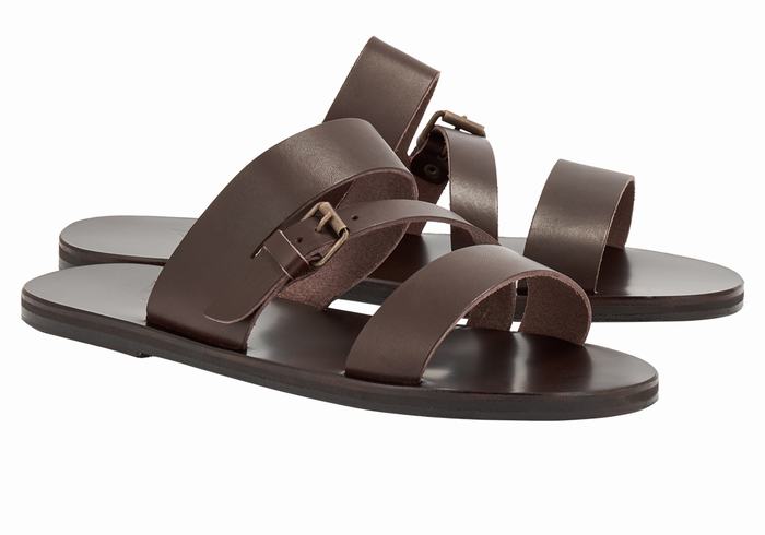 Chocolate Men Ancient Greek Sandals Ifiklis Leather Slide Sandals | KLQ177PY