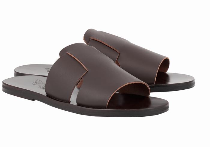 Chocolate Men Ancient Greek Sandals Miltiadis Leather Slide Sandals | XLM260IN