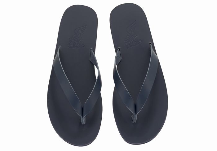 Dark Blue Men Ancient Greek Sandals Solon Leather Flip Flops | FID9124KH