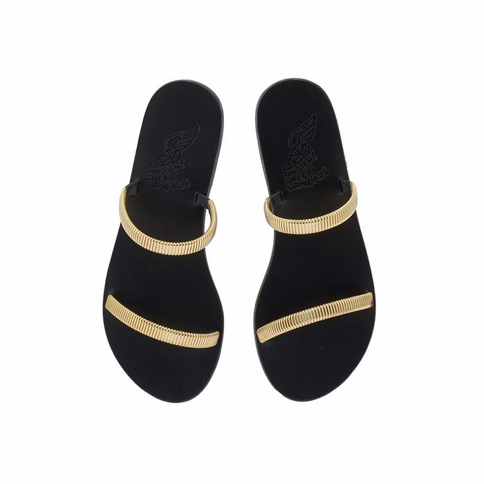 Gold Black Women Ancient Greek Sandals Saita Slide Sandals | LDW939MJ