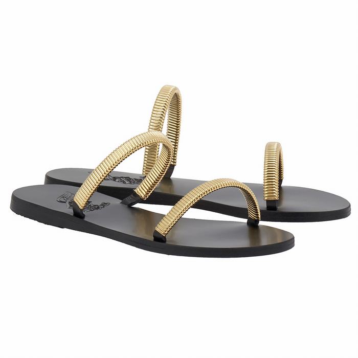 Gold Black Women Ancient Greek Sandals Saita Slide Sandals | LDW939MJ