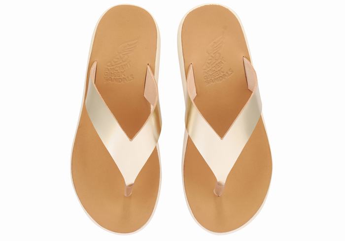 Gold White Women Ancient Greek Sandals Charys Comfort Flip Flops | LHR6331WC