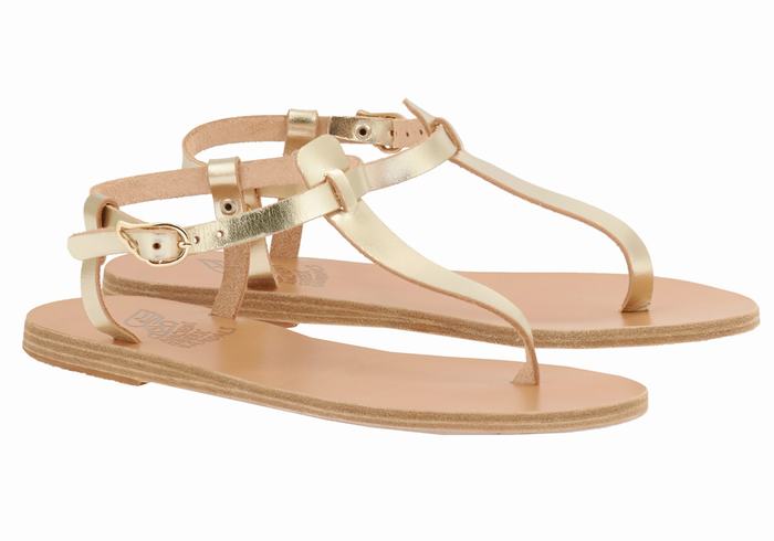 Gold White Women Ancient Greek Sandals Lito Flip Flop Leather Back-Strap Sandals | EWS6841MV