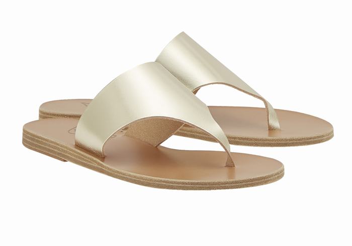 Gold White Women Ancient Greek Sandals Mera Leather Flip Flops | WJX4394PC