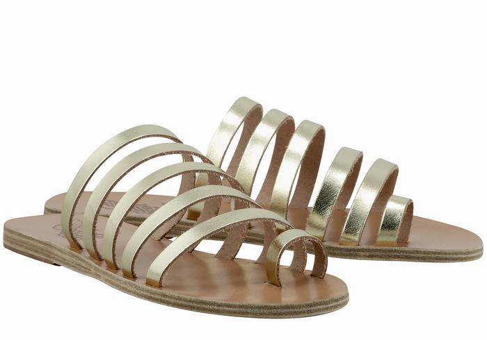 Gold White Women Ancient Greek Sandals Niki Leather Toe-Post Sandals | MIE1363RM