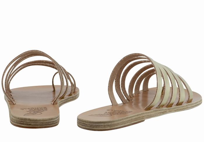 Gold White Women Ancient Greek Sandals Niki Leather Toe-Post Sandals | MIE1363RM