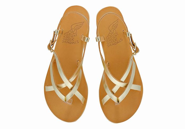 Gold White Women Ancient Greek Sandals Semele Leather Back-Strap Sandals | KUB64100VL