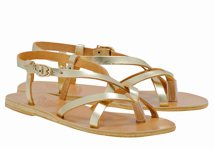 Gold White Women Ancient Greek Sandals Semele Leather Back-Strap Sandals | KUB64100VL