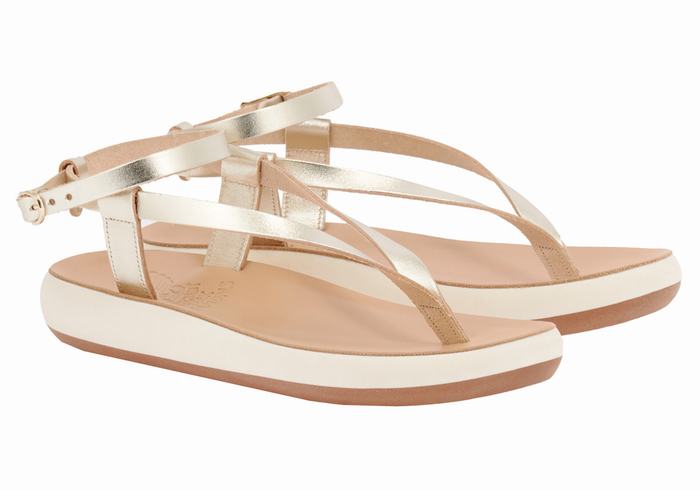 Gold White Women Ancient Greek Sandals Salomi Comfort Ankle Strap Sandals | DXE1695LH