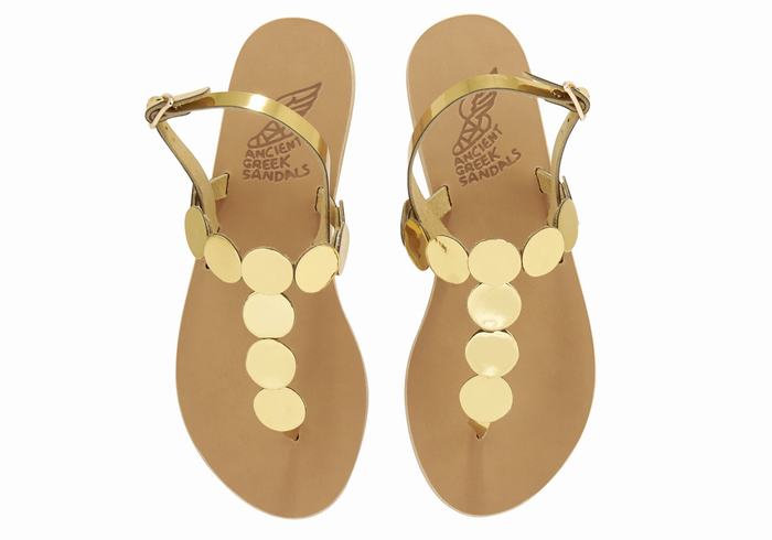 Gold Women Ancient Greek Sandals Ilios Flip Flop Leather Back-Strap Sandals | OLC6189DL