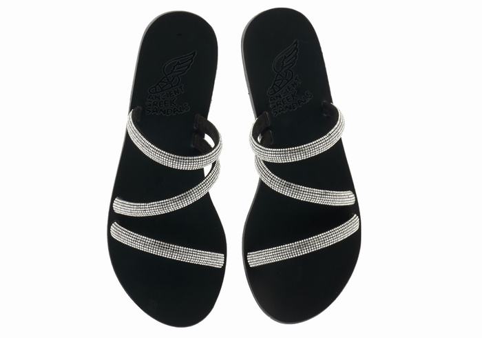 Silver Black Women Ancient Greek Sandals Polytimi Diamante Slide Sandals | QQS860IT