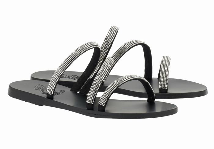 Silver Black Women Ancient Greek Sandals Polytimi Diamante Slide Sandals | QQS860IT