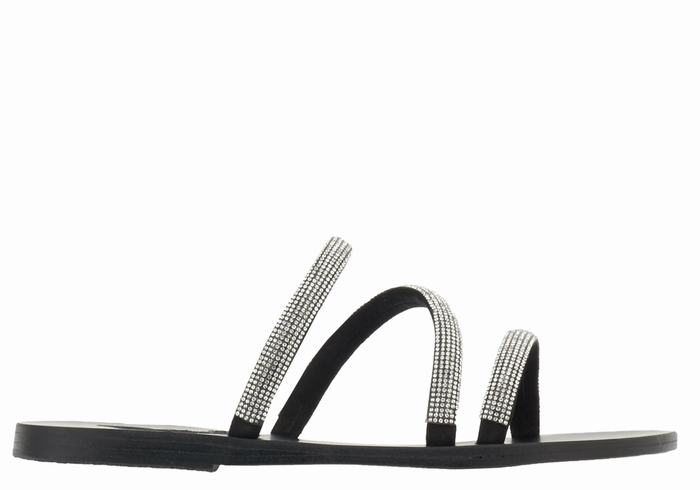 Silver Black Women Ancient Greek Sandals Polytimi Diamante Slide Sandals | QQS860IT