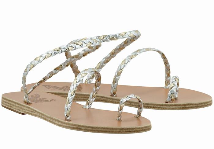 Silver Gold White Women Ancient Greek Sandals Eleftheria Leather Braided Sandals | TQC5198EO