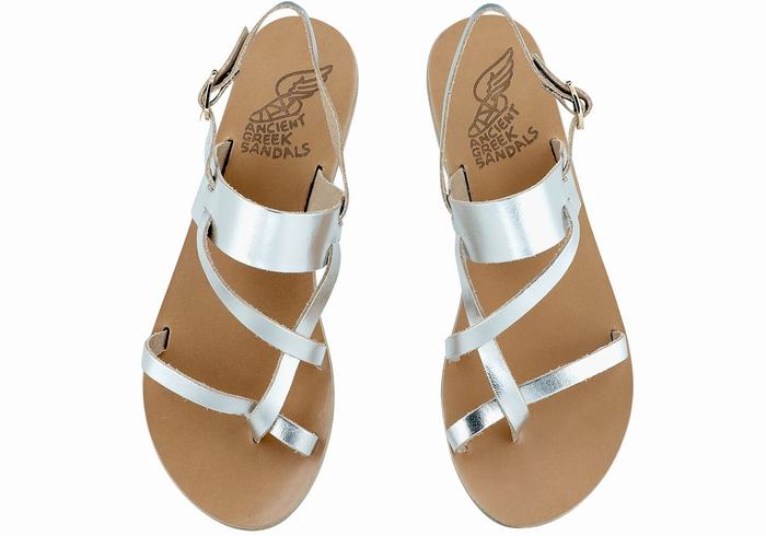 Silver Women Ancient Greek Sandals Alethea Leather Back-Strap Sandals | EXI667WD