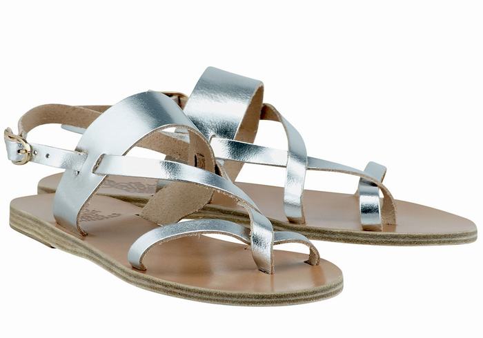 Silver Women Ancient Greek Sandals Alethea Leather Back-Strap Sandals | EXI667WD