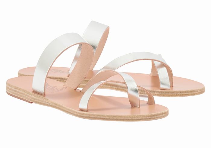 Silver Women Ancient Greek Sandals Daphnae Leather Slide Sandals | NEW5387JY