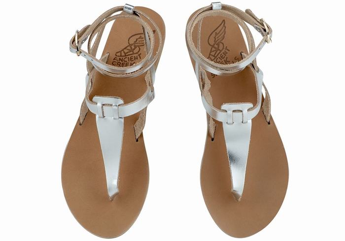 Silver Women Ancient Greek Sandals Estia Leather Ankle Strap Sandals | IEO9768ZE